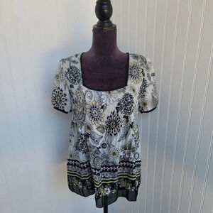 NIKOLA Yellow White Black STRETCHY CRINKLE Short SLEEVELESS Floral TOP Blouse S